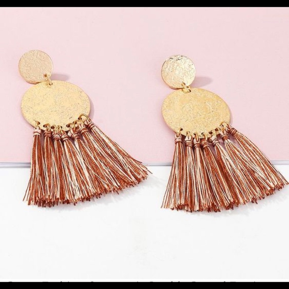 BOHO Retro Double Round Gold Maroon Tassel Earring